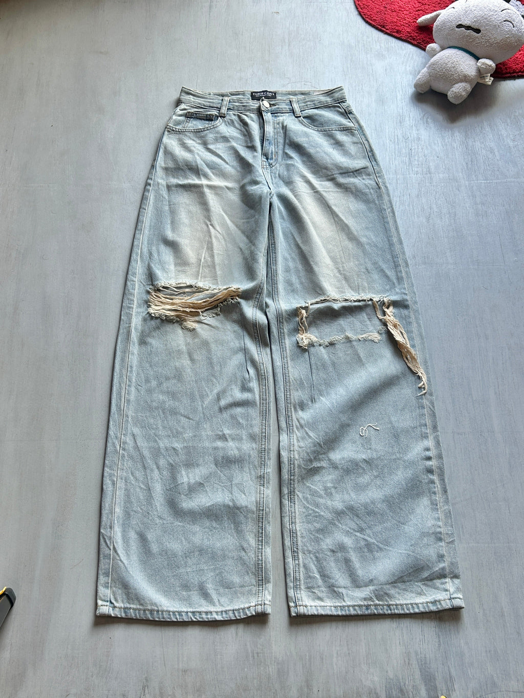 Light Blue Distressed Wide-Leg Denim - (S)
