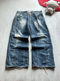 Vintage Dark Wash Frayed Wide-Leg Jeans - (XL)
