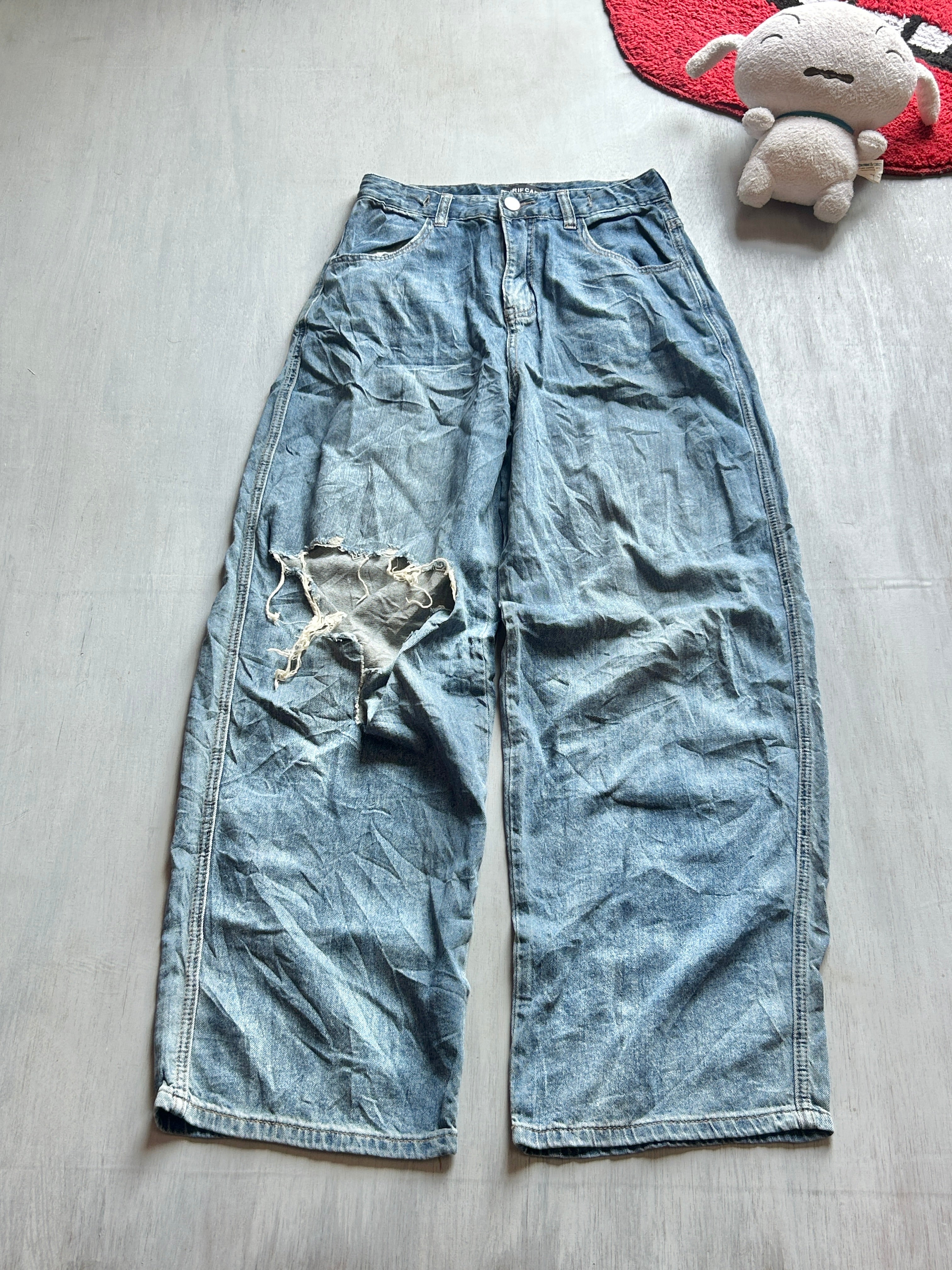 Distressed Light-Wash Wide-Leg Jeans - (XS)