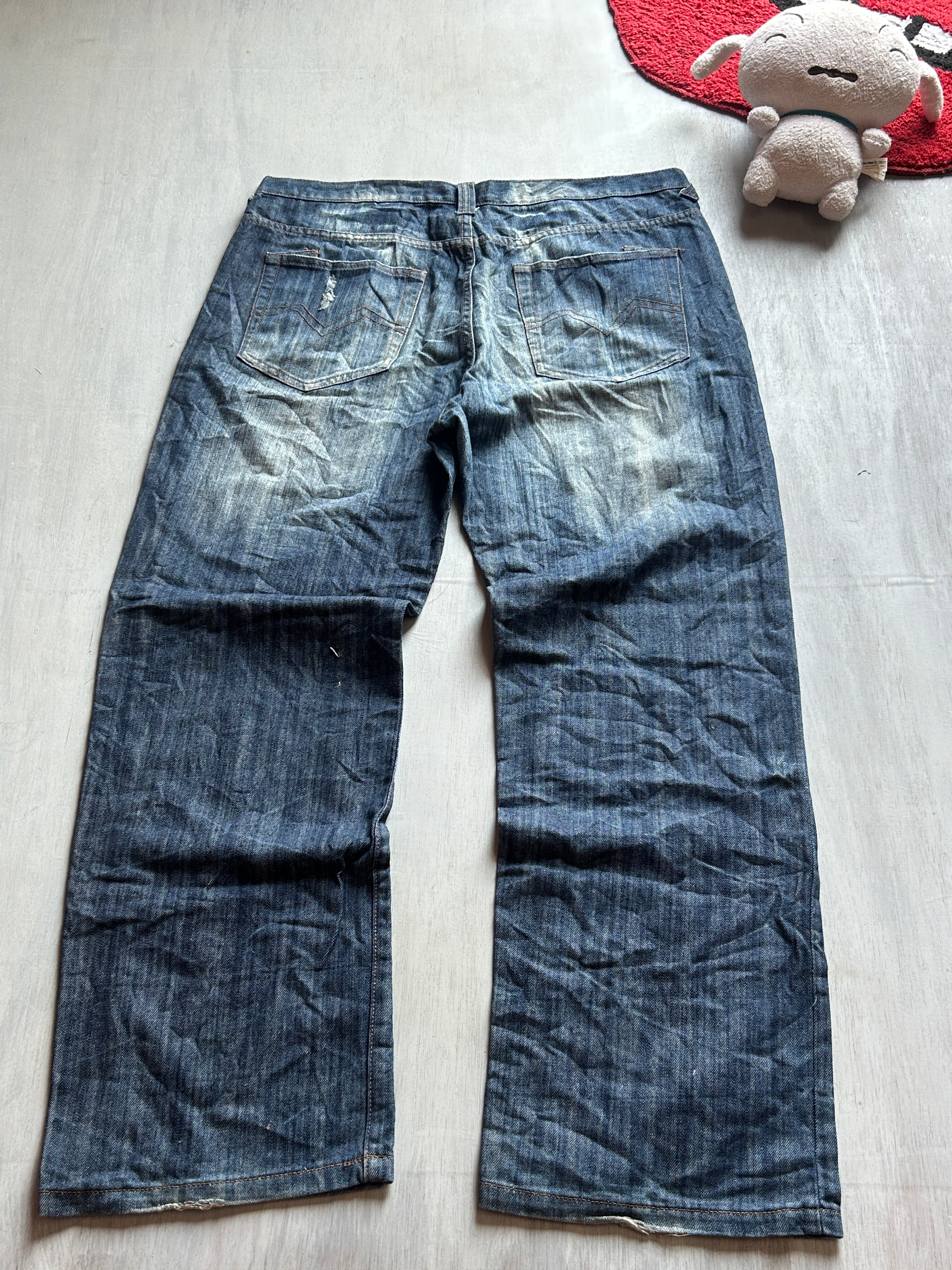Dark Blue Distressed Wide-Leg Denim - (XXL)